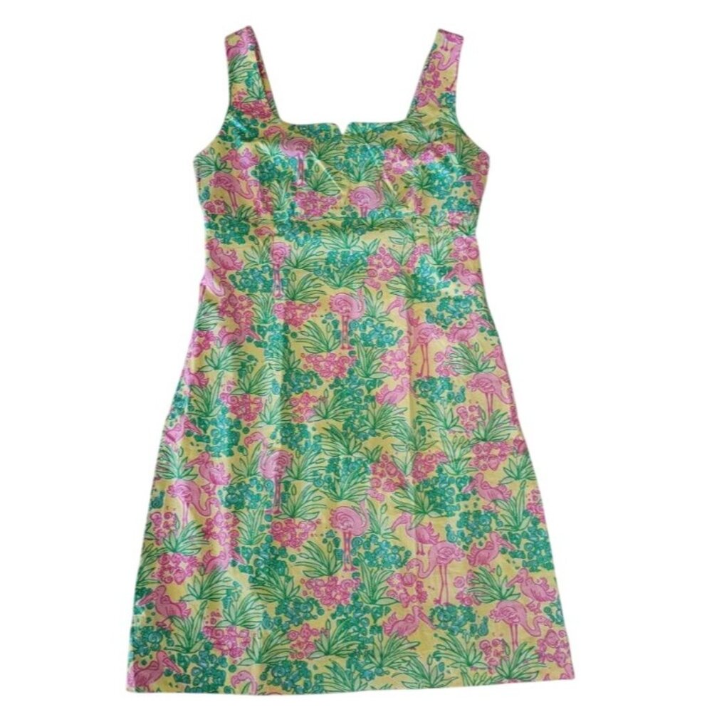 Lilly Pulitzer Women's Green Pink Flamingo Floral Print Dress Shift Dress Sz 10 - Picture 2 of 13